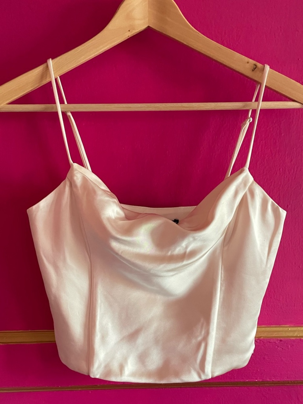 Zara Cream Satin Cowl Neck Spaghetti Strap cropped boned bustier Size xs